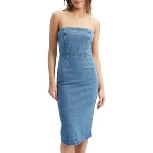 Bardot Vanda Denim Strapless Back Slit Knee Length Dress Size XS NWT